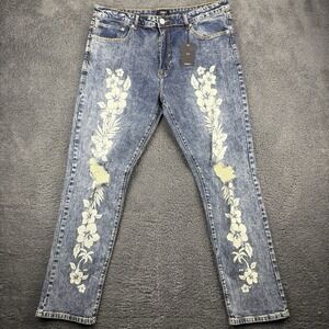 Forever‎ 21 Jeans Men 38 (37x31) Midrise Narrow Hip Slim Leg Floral Denim